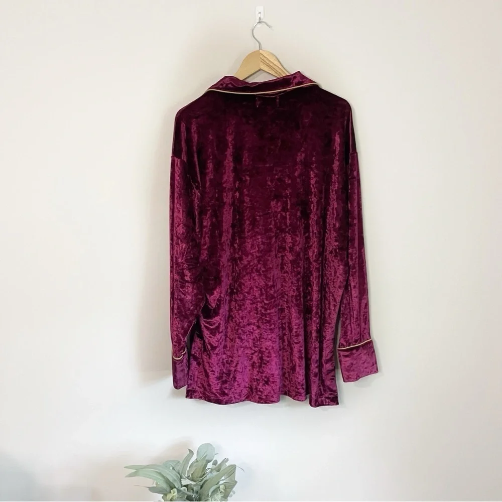 [Honor The Gift] Burgundy Crushed Velvet PJ Button Down Long Sleeve Top - Picture 6 of 7